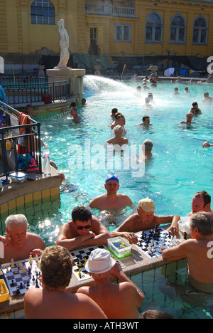 Outdoor thermal pools, Szechenyi Baths, Varosliget, Pest, Budapest, Republic of Hungary Stock Photo