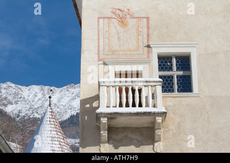 Rennaissance balcony of Castle Coldrano, Italy,  in winter. Stock Photo