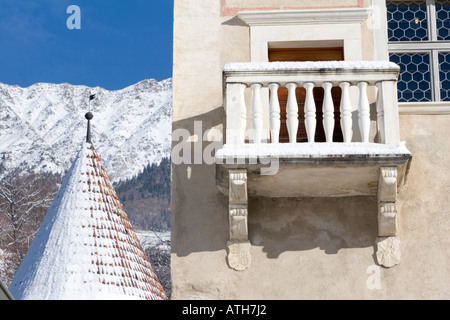 Rennaissance balcony of Castle Coldrano, Italy,  in winter. Stock Photo