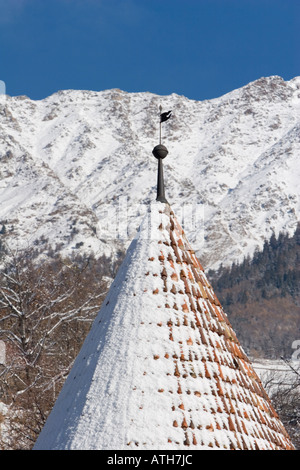 Turret and weathervane of of Castle Coldrano, Italy,  in winter. Stock Photo