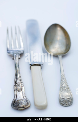 knife fork and spoon shot on a white background Stock Photo