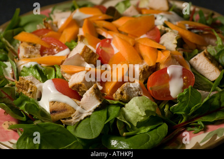 Home made Chefs salad baby plum tomato chicken baby leaf salad carrot buttermilk dressing healthy sslimming 5 a day five a day Stock Photo