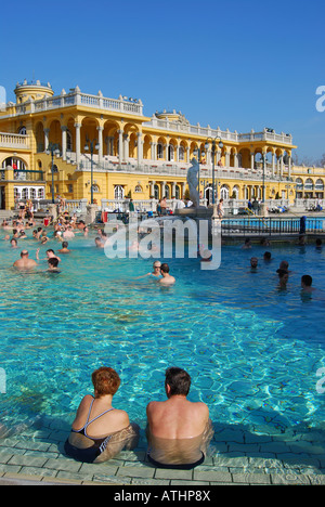 Outdoor thermal pools, Szechenyi Baths, Varosliget, Pest, Budapest, Republic of Hungary Stock Photo