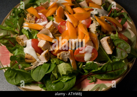 Home made Chefs salad  baby plum tomato chicken baby leaf salad carrot buttermilk dressing healthy sslimming 5 a day five a  day Stock Photo