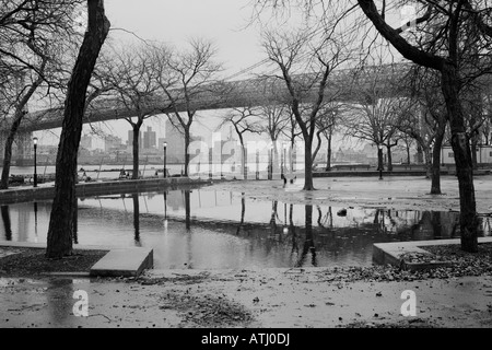 Pool of water in the East River Park and the Williamsburg Bridge in the background Stock Photo