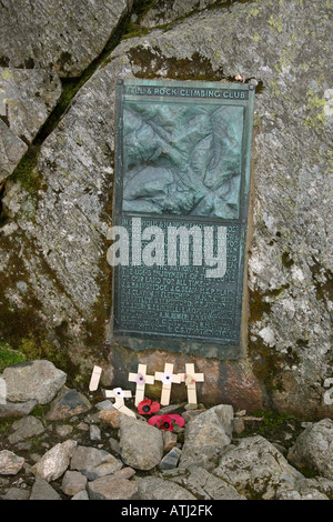 Fell and Rock Climbing Club's war memorial on Great Gable in the english lake district with crosses and poppies of rememberance Stock Photo