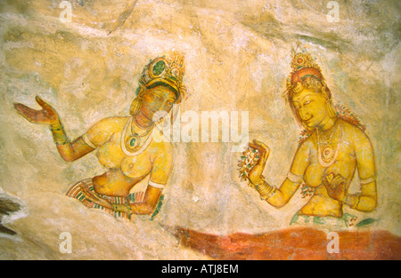 Sri Lanka Sigiriya rock fortress Maidens tempera fresco Stock Photo