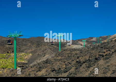 The line of cable car supports leading from Refugio Sapienza to the summit of Mount Etna volcano on Sicily Stock Photo