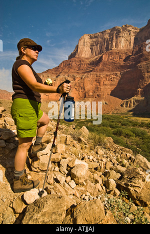 Woman stops to rest while hiking to the Nankoweap granaries on the Colorado River in the Grand Canyon National Park, Arizona. Stock Photo