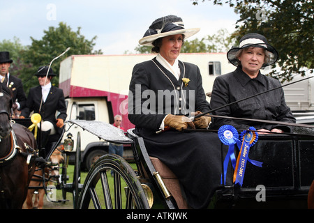 Two formally dressed ladies in big hats drive a small horse carriage whilst in the background two more people drive a carriage. Stock Photo