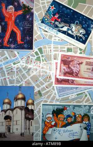 Map of Leningrad with Soviet era postcards Aeroflot ticket and currency Stock Photo