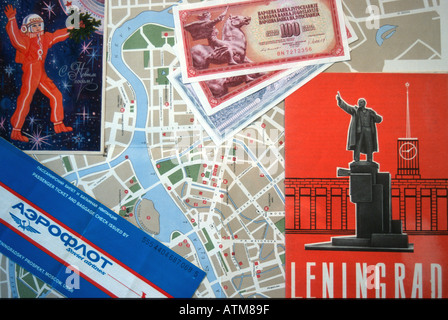 Map of Leningrad with Soviet era postcards Aeroflot ticket and currency Stock Photo