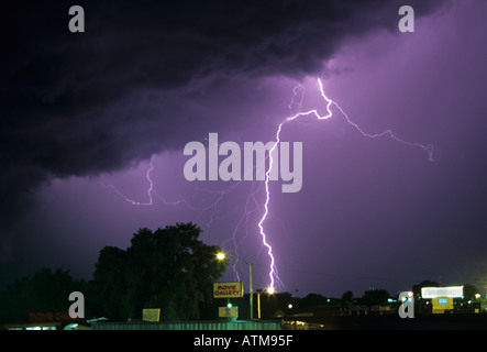 Cloud to ground lightning over Elk City, Oklahoma, USA at night during a severe thunderstorm Stock Photo