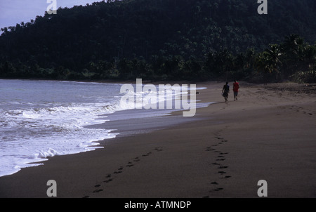 Town beach Coast Sea Waves breaking on sand Two people walking Two sets of footprints Palm trees on hillside Stock Photo