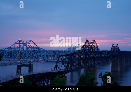 View of Mississippi River and Bridge at sunset From Vicksburg Mississippi Stock Photo