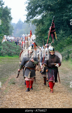 Soldiers from Norman Army marching from the Camp to fight in the Battle of Hastings 1066 England Re enactment 2006 at the actual Stock Photo