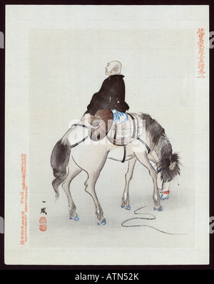 Ukiyo e print man on horse Japanese, 1795 Stock Photo