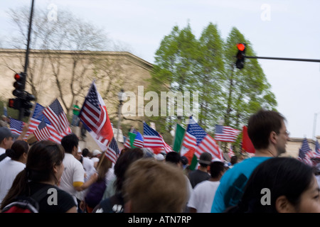 Chicago illinois immigration rally downtown many waving American flags