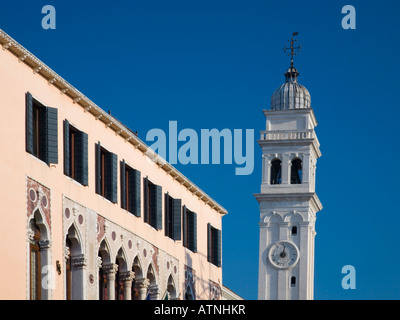 Venice, Veneto, Italy. The leaning bell-tower of the Chiesa di San Giorgio dei Greci. Stock Photo