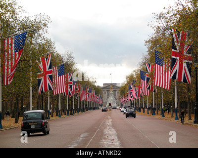 British and American flags line Pall Mall leading to Buckingham Palace in London UK Stock Photo