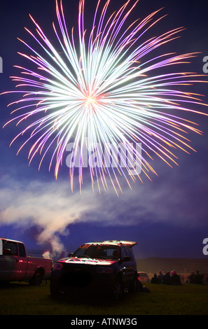 Fireworks going off among a small group of spectators. Stock Photo