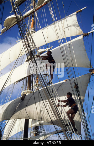 Sailing Yacht SEA CLOUD Crewmembers climb rigging on square rigged ship Caribbean NO RELEASE Stock Photo