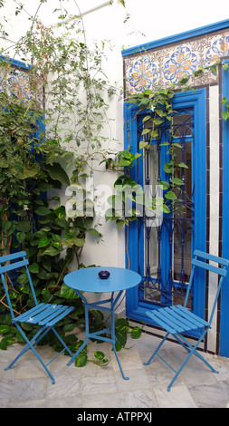 Peaceful intimate and cool internal courtyard at Hotel Dar Said, Sidi Bou Said, a desirable Mediterranean seaside suburb near Tunis,Tunisia. Stock Photo