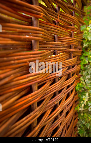 Close up vertical photo of wicker fencing in garden with out of focus ivy in background Stock Photo