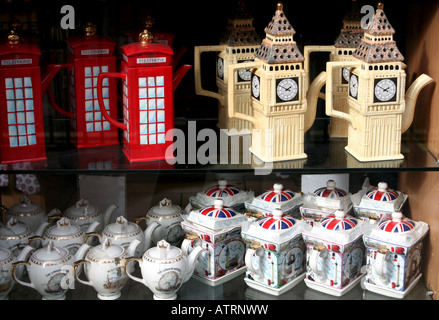 Souvenirs on sale in London shop Big Ben London Eye and red phone box teapots Stock Photo