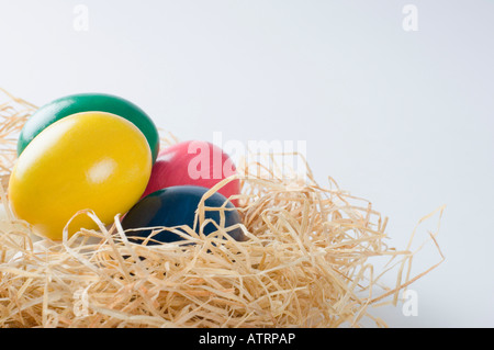 Close-up of Easter eggs in a bird's nest Stock Photo