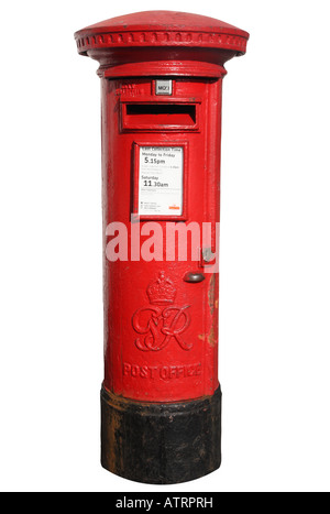 Red British post box isolated on a white background. Stock Photo