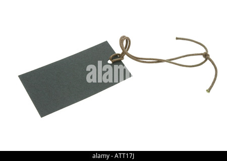Blank black tag with string isolated on white Stock Photo