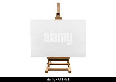 A genuine blank canvas on a wooden easel isolated on a white background Stock Photo