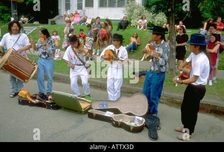 South American musicians playing Andean music at Grand Old Day Festival. St Paul Minnesota USA Stock Photo