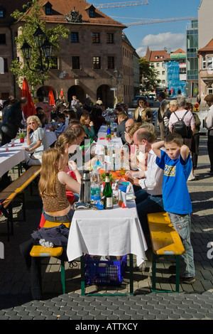 Nuernberg, Germany, People dining outdoors, city square, Sunday lunch, family event Stock Photo