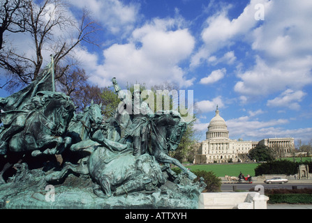 Washington DC, US Capitol Building and Ulysses S Grant Civil War Memorial Monument on the National Mall. The historic cavalry charge sculpture. USA Stock Photo