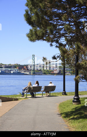 pedestrians sitting on bench in park at Dartmouth, looking at skyline of Halifax, Nova Scotia, Canada. Photo by Willy Matheisl Stock Photo