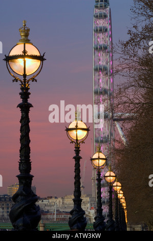 London Eye and River Thames at dusk seen from Albert Embankment London United Kingdom Stock Photo