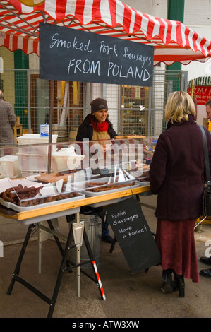 Smoked pork sausages from Poland for sale at Borough Organic market in London England UK Stock Photo