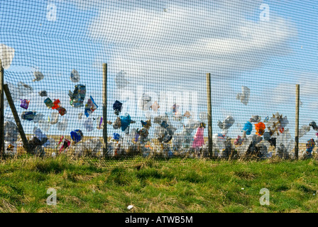 Wind-blown plastic bags trapped on a fence in Oxfordshire, England Stock Photo