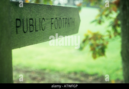 Wooden sign etched with Public Footpath pointing across green field and under tree with autumn brown and yellow leaves Stock Photo