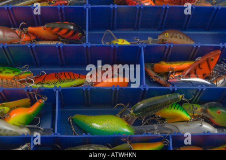 Colorful bass fishing lures separated in a compartmented fishing tackle storage box Stock Photo