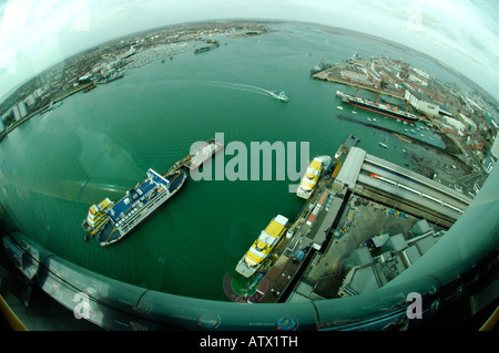 a wide angle fisheye aerial view photograph of potsmouth harbour in hampshire on the south coast of england spinnaker  towers Stock Photo