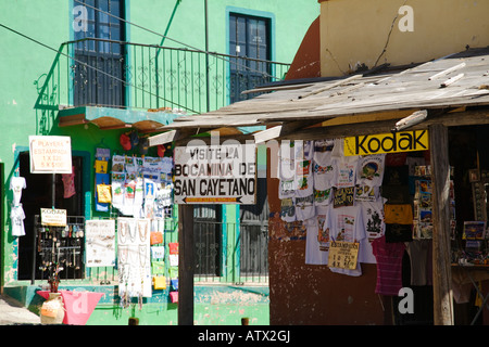 MEXICO Valenciana Tshirts jewelry and signs in Spanish at gifts shops near church Stock Photo