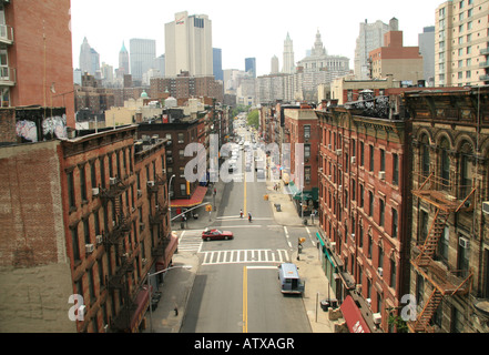 View down Madison Street from the Manhattan Bridge roadway. Stock Photo