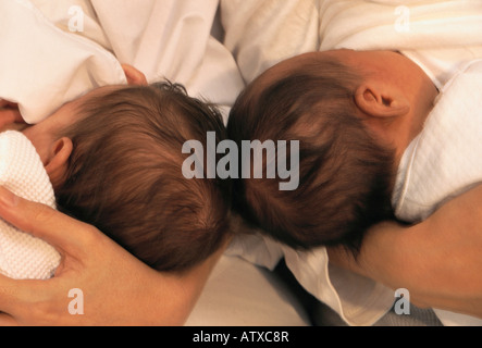 Caucasian mother + Asian mother breastfeeding their side by side infants Stock Photo