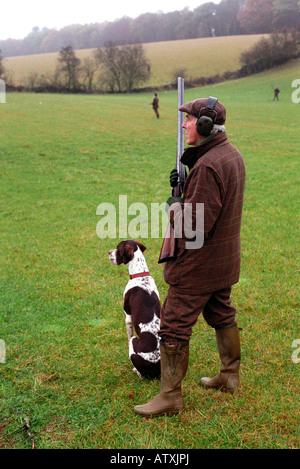 Gun with his English Pointer a shoot in the Cotswolds Stock Photo