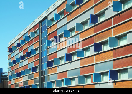 Cambridge university town coloured panels on front elevation of a hotel building Stock Photo