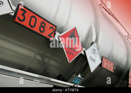 Warning signs on Road Tanker Stock Photo