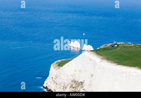 Aerial view of the Needles lighthouse rocks and cliffs, Western end of the Isle of Wight. UK. Stock Photo